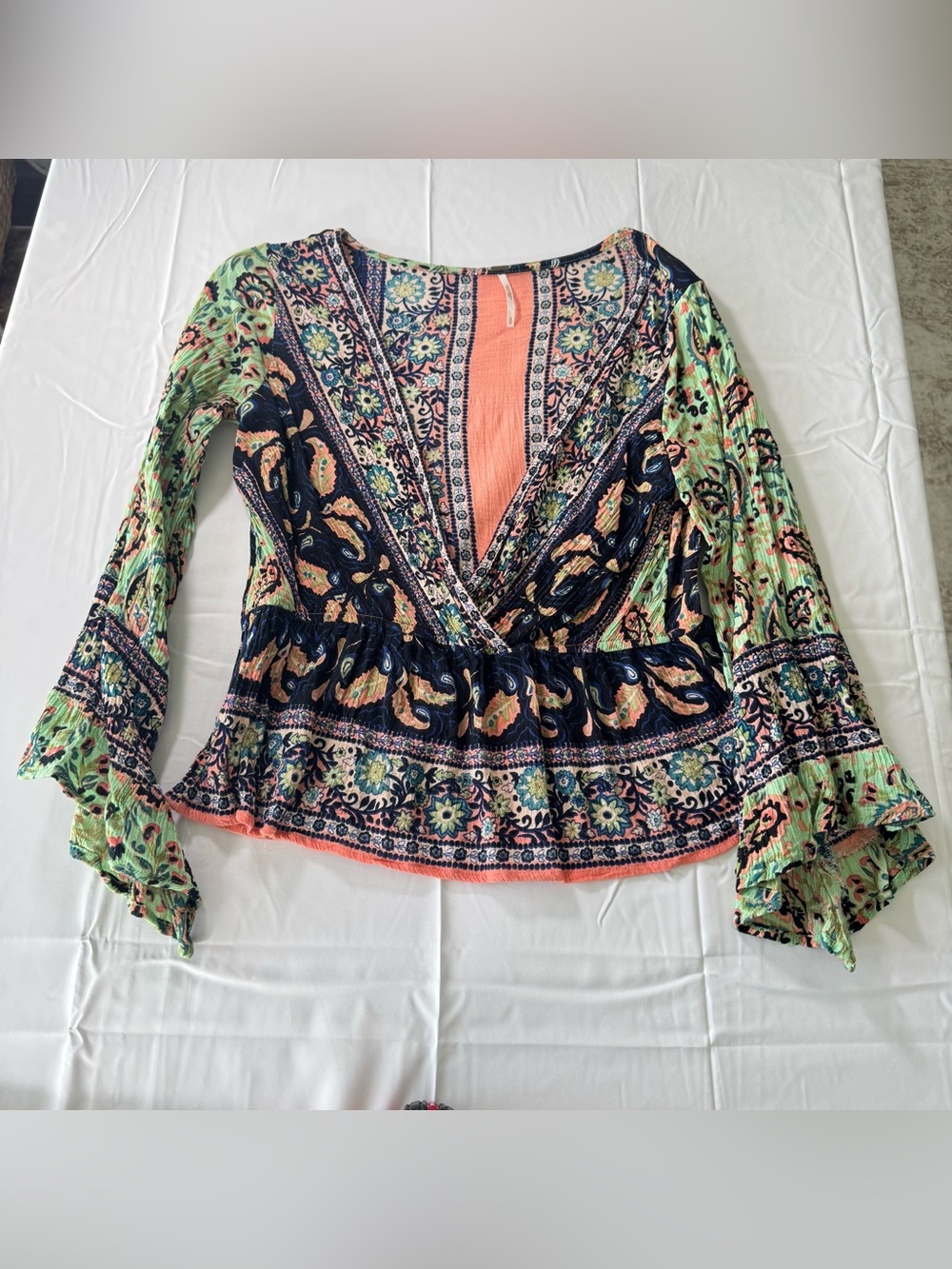Free People Rosalie Top Size Small Floral Paisley Bell Sleeve Boho Blouse